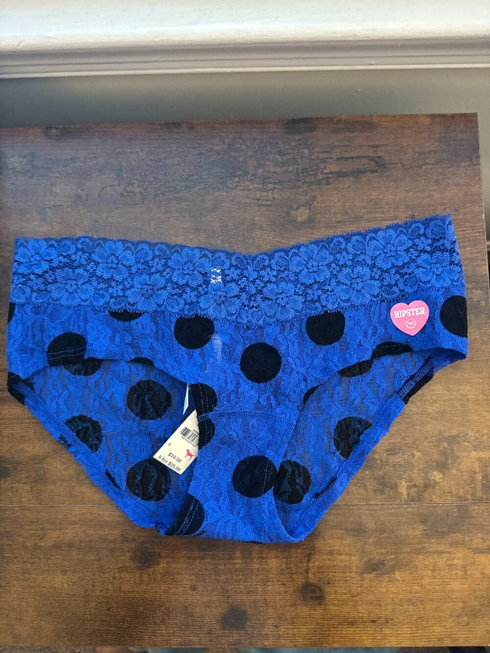 PINK Victoria's Secret Blue Lace Polka Dot Hipster Panty